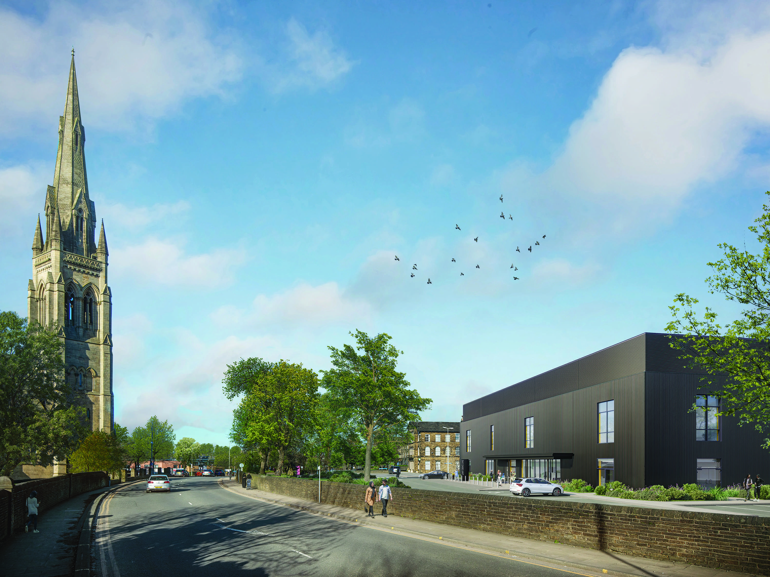 Computer render of the exterior of the new Day Case Unit. It has large windows and dark, vertical strip cladding. The sky is bright blue, and there is a large car park and a number of mature trees to the front of the building.