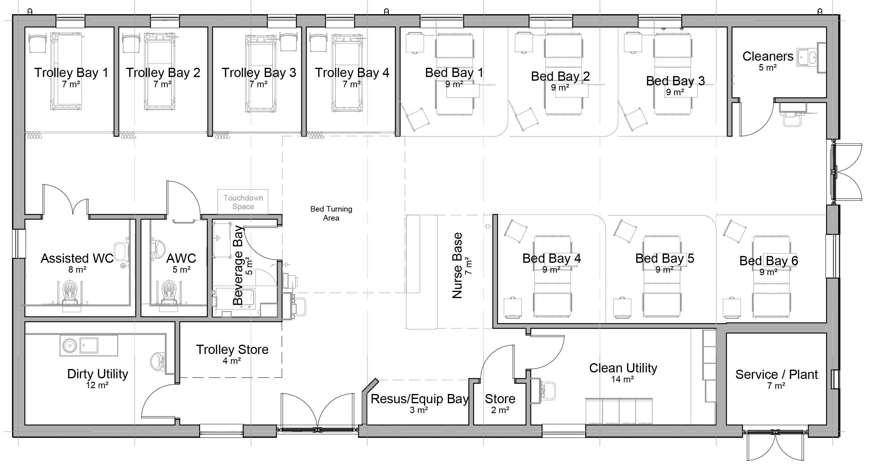 A technical drawing of the building layout, shown from overhead.