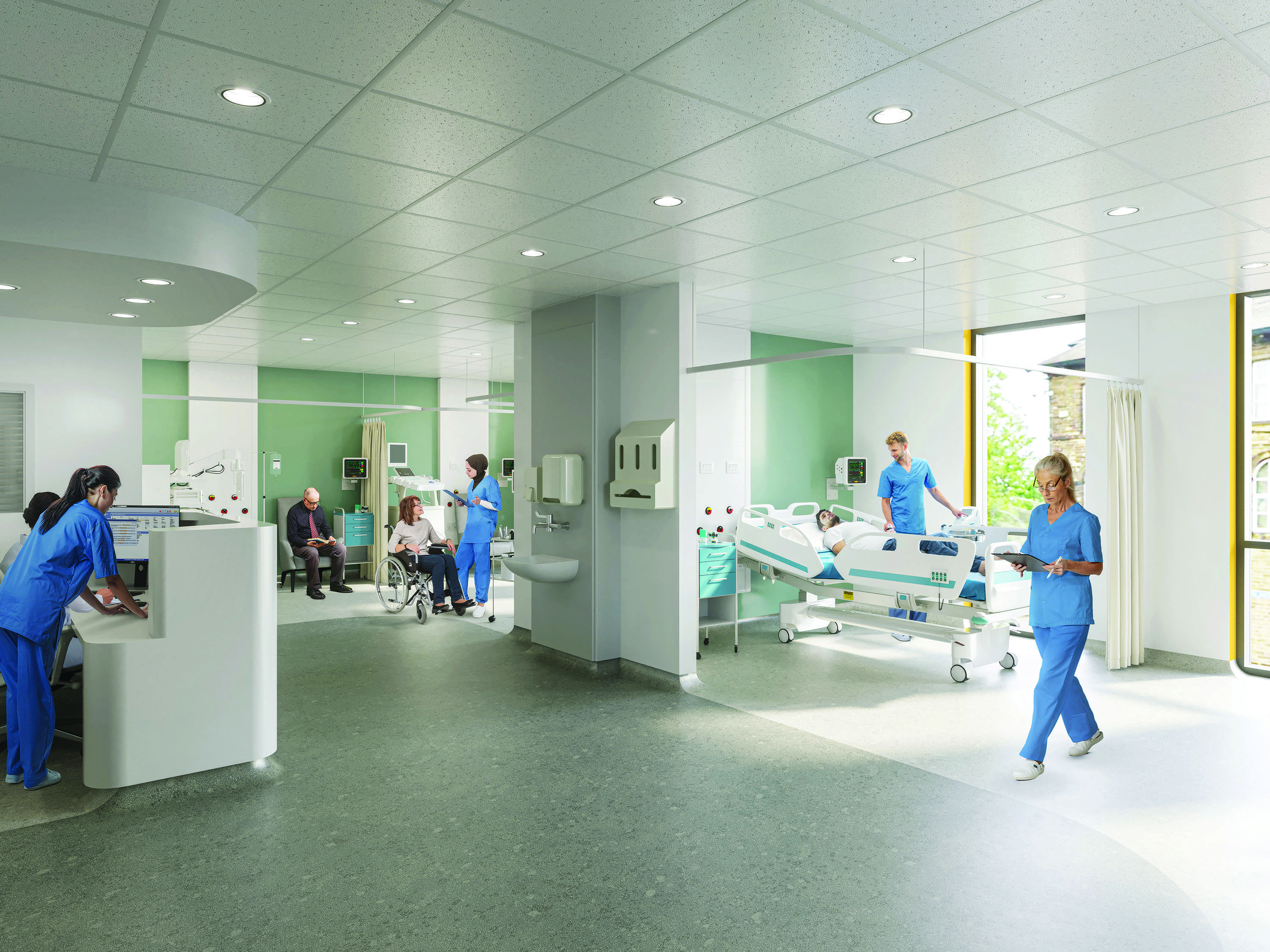 A computer rendered artist's impression of how the inside of the new building may look. There are large windows and light walls, with a number of clinicians in blue scrubs, as well as patients receiving treatment.