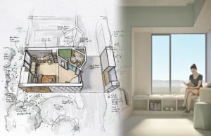 Hand drawn artwork and a computer render showing the design of a new design for a modern mental health ward bedroom, with large window, comfortable seating and calming features.