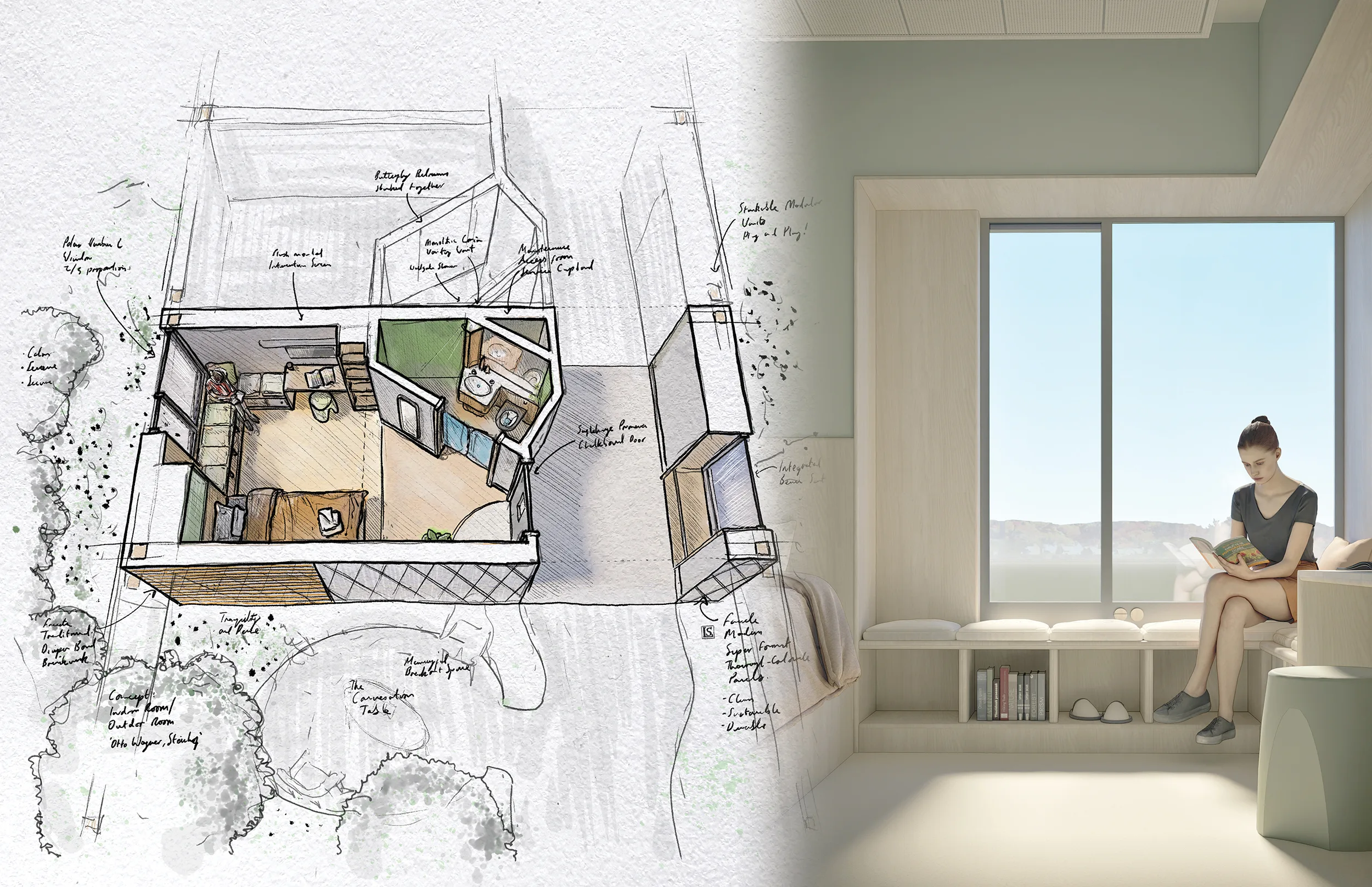 Sketch and computer render of a design for a modern mental health treatment bedroom. A woman sits in a window seat at the far end.