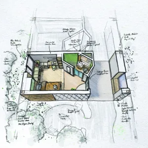Sketch and computer render of a design for a modern mental health treatment bedroom, it also shows the 'outdoor room' concept of the design.