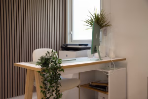 Interior of a healthcare space - desk area. The floor is light-coloured and the rear wall features a wooden acoustic panel. The desk has a computer and a couple of house plants.