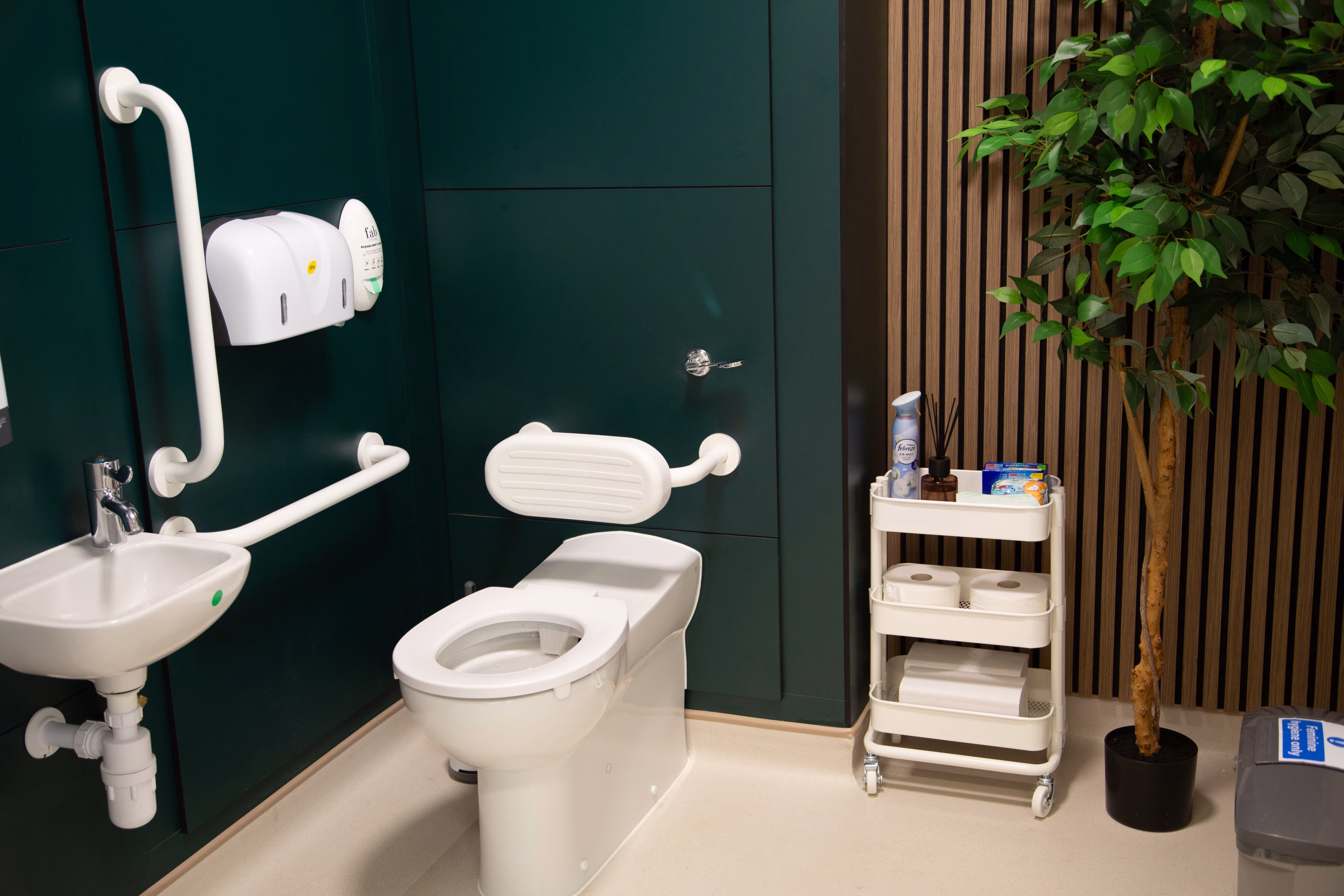 Interior of a healthcare space - bathroom. The floor is light-coloured and the walls are a dark grey with wooden acoustic panels.