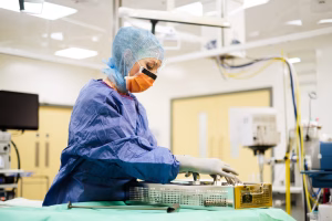 A theatre nurse in full scrubs checking instrumentation in an ultraclean operating theatre